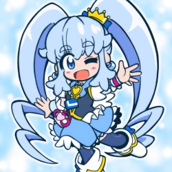 Rule 34 | 10s, 1girl, ;d, black thighhighs, blue background, blue eyes, blue hair, blue skirt, blue theme, brooch, chibi, crown, cure princess, earrings, full body, guardias, happinesscharge precure!, heart, heart brooch, jewelry, long hair, magical girl, matching hair/eyes, mini crown, necktie, one eye closed, open mouth, precure, shirayuki hime, shoes, sidelocks, skirt, smile, solo, thighhighs, twintails, wink, wrist cuffs
