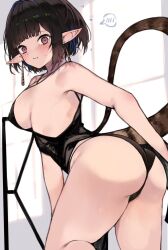 Rule 34 | 1girl, arknights, ass, black hair, blue eyes, breasts, closed mouth, eunectes (arknights), highres, kyuu (plastic night q), large breasts, looking at viewer, looking back, pointy ears, short hair, sideboob, snake tail, solo, spoken blush, tail