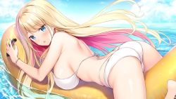 Rule 34 | 1girl, amaemi-longing for you-, bare arms, bikini, blonde hair, blue eyes, blue sky, blush, bracelet, breasts, cloud, fingernails, game cg, halterneck, inflatable toy, jewelry, kusunoki iroha, large breasts, long hair, looking at viewer, lying, multi-strapped bikini, multicolored hair, ocean, on stomach, open mouth, oryo (oryo04), outdoors, pink hair, shoulder blades, sideboob, sky, solo, straight hair, summer, swimsuit, two-tone hair, very long hair, white bikini