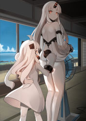 Rule 34 | 10s, 2girls, abyssal ship, ass, bare legs, bare shoulders, child, dress, electric fan, fanning crotch, highres, horns, kantai collection, kneepits, legs, long hair, looking back, multiple girls, no panties, northern ocean princess, ocean, onasuba, pale skin, red eyes, ribbed dress, seaport princess, short dress, single horn, white hair