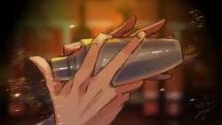 Rule 34 | 1boy, bar (place), bartender, blurry, blurry background, bottle, cup, fate (series), goya (xalbino), hector (fate), holding, indoors, light, male focus, shadow, shaking, signature, sketch, solo