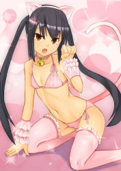 Rule 34 | 1girl, animal ears, arm support, bell, black hair, blush, bra, breasts, brown eyes, cat ears, cat tail, collar, covered erect nipples, fake animal ears, fang, flat chest, frills, heart, highres, jingle bell, k-on!, kneeling, kooh, lingerie, long hair, looking at viewer, nakano azusa, neck bell, nyuuhin, open mouth, pangya, panties, paw pose, pink bra, pink panties, pink theme, pink thighhighs, side-tie panties, sitting, solo, sparkle, tail, thighhighs, twintails, underwear, underwear only, wrist cuffs