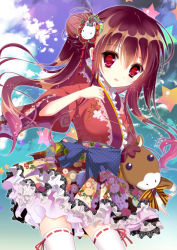 Rule 34 | 1girl, bow, brown hair, carrying, cloud, day, frilled skirt, frills, hair bun, hair ornament, japanese clothes, kimono, kimono skirt, lace, lace-trimmed skirt, lace trim, lolita fashion, long hair, looking at viewer, miniskirt, narrow waist, original, outdoors, parted lips, petticoat, rabbit hair ornament, red eyes, ribbon-trimmed thighhighs, ribbon trim, ringed eyes, shiwasu horio, single side bun, skirt, sky, smile, solo, standing, star (symbol), stuffed animal, stuffed horse, stuffed toy, thighhighs, two side up, unmoving pattern, very long hair, wa lolita, white thighhighs, zettai ryouiki