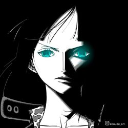 Rule 34 | 1girl, aboude art, black background, blue eyes, close-up, closed mouth, collared shirt, commentary, facing viewer, floating hair, greyscale, instagram logo, instagram username, limited palette, long hair, looking at viewer, monochrome, nico robin, one piece, partially colored, portrait, shirt, sidelighting, signature, simple background, solo
