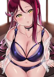 Rule 34 | 1girl, alternate breast size, blush, bra, breasts, cleavage, collar, earrings, feet out of frame, floral print, hair ornament, highres, jewelry, large breasts, lingerie, long hair, looking at viewer, love live!, love live! sunshine!!, mole, mole on breast, nail polish, navel, panties, parted lips, pink hair, purple bra, purple panties, sakurauchi riko, see-through, sitting, solo, tem10, underwear, very long hair, window, yellow eyes
