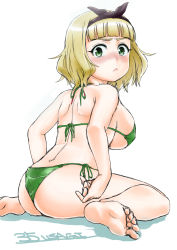 Rule 34 | 1girl, absurdres, arched back, ass, bare shoulders, barefoot, bikini, black bow, black hairband, blonde hair, blunt bangs, blush, bow, bow hairband, breasts, character name, closed mouth, feet, from behind, frown, green bikini, green eyes, hairband, hand on own thigh, highres, large breasts, looking at viewer, looking back, nose blush, saionji usagi, short hair, shoulder blades, side-tie bikini bottom, simple background, sinano, sitting, sketch, soles, solo, swimsuit, taimadou gakuen 35 shiken shoutai, thighs, wariza, white background