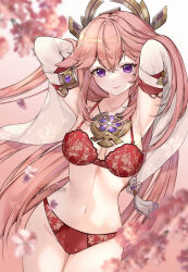 Rule 34 | 1girl, animal ears, armpits, arms up, artist name, bra, breasts, cherry blossoms, collarbone, commentary, detached sleeves, earrings, english commentary, floppy ears, flower, fox, fox ears, genshin impact, hair between eyes, hair ornament, highres, jewelry, long hair, long sleeves, looking at viewer, medium breasts, navel, nontraditional miko, panties, pink flower, pink fur, pink hair, purple eyes, purple hair, red bra, red panties, shizukodesu, smile, solo, standing, underwear, very long hair, vision (genshin impact), white sleeves, wide sleeves, yae miko
