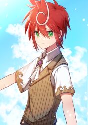 Rule 34 | 1boy, ascot, blue sky, brooch, brown vest, cardfight!! vanguard g, cloud, day, green eyes, hair between eyes, highres, jewelry, looking at viewer, male focus, medium hair, multicolored hair, outdoors, red hair, shindou chrono, shirt, short sleeves, sky, solo, spiked hair, stardust notes, two-tone hair, upper body, vest, white ascot, white shirt
