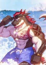 Rule 34 | 1boy, abs, absurdres, alternate costume, animal ears, artist request, bara, beard, blue male swimwear, bulge, chest tattoo, dragon (any), dragon boy, dragon ears, facial hair, feet out of frame, forked eyebrows, furry, furry male, goggles, goggles on head, hair over shoulder, highres, island, jewelry, large pectorals, male focus, male swimwear, mature male, muscular, muscular male, navel, nipples, ocean, original, pectorals, pendant, ponytail, red hair, scar, scar across eye, second-party source, solo, stomach, sunlight, swim trunks, tattoo, thick eyebrows, topless male, v-taper, wet