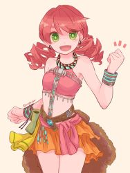 Rule 34 | 1girl, bracelet, breasts, earrings, final fantasy, final fantasy xiii, green eyes, jewelry, looking at viewer, midriff, necklace, oerba dia vanille, open mouth, pink hair, red hair, short twintails, simple background, smile, solo, sunagimo (nagimo), twintails