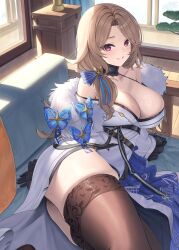 Rule 34 | 1girl, absurdres, bare shoulders, blush, breasts, butterfly ornament, cleavage, dress, fur-trimmed kimono, fur trim, gloves, goddess of victory: nikke, grin, hair over shoulder, highres, japanese clothes, kimono, large breasts, light brown hair, long hair, long sleeves, looking at viewer, ludmilla (nikke), ludmilla (winter owner) (nikke), official alternate costume, parted bangs, purple eyes, smile, solo, takinashi (friend coffee), thighhighs, thighs, white kimono