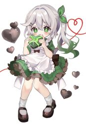 1girl absurdres alternate_costume apron black_shoes blush bow box candy chocolate chocolate_heart closed_mouth commentary_request dress food frilled_apron frills full_body genshin_impact gift gift_box gradient_hair green_bow green_dress green_eyes green_hair grey_hair hair_between_eyes heart heart-shaped_box heart-shaped_food highres holding holding_box holding_gift long_hair looking_at_viewer mary_janes multicolored_hair nahida_(genshin_impact) pointy_ears shoes side_ponytail simple_background solo symbol-shaped_pupils unouto white_apron white_background