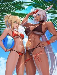 Rule 34 | 2girls, abs, absurdres, animal ears, ball, bare shoulders, beachball, bikini, black bikini, blonde hair, blue eyes, blue sky, body markings, braid, breasts, caenis (fate), caenis (swimsuit rider) (fate), caenis (swimsuit rider) (first ascension) (fate), cleavage, collarbone, dark-skinned female, dark skin, fate/grand order, fate (series), french braid, goggles, green eyes, hairband, highres, large breasts, long hair, looking at viewer, massive kagawa, mordred (fate), mordred (fate) (all), mordred (swimsuit rider) (fate), mordred (swimsuit rider) (first ascension) (fate), multiple girls, muscular, muscular female, navel, palm tree, ponytail, sidelocks, sky, small breasts, swimsuit, thighs, tree, very long hair, white hair