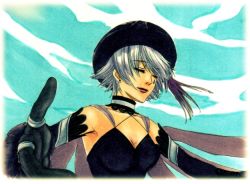 Rule 34 | .hack//, .hack//g.u., .hack//roots, 00s, 1girl, bandai, breasts, cleavage, cloud, cyber connect 2, earrings, elbow gloves, closed eyes, gloves, hat, jewelry, kebi (sanbou), marker (medium), medium breasts, ring, shino (.hack//), shino (.hack//g.u.), short hair, silver hair, sky, solo, thumb ring, traditional media