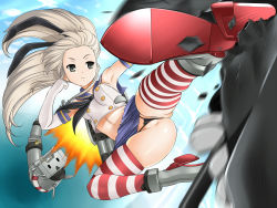 Rule 34 | 10s, 1girl, anchor hair ornament, armpits, black eyes, brown eyes, crotch, dress, elbow gloves, female focus, flying, gloves, hair ornament, hairband, highleg, highleg panties, highres, kantai collection, kicking, lento (glamour works), long hair, mecha musume, midriff, neckerchief, panties, rensouhou-chan, sailor collar, sailor dress, shimakaze (kancolle), skindentation, sky, solo, striped clothes, striped thighhighs, thighhighs, thong, underwear, white gloves