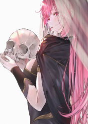 Rule 34 | 1girl, absurdres, betabeet, black dress, bracer, breasts, cape, commentary, curtains, dress, english commentary, from behind, hair behind ear, highres, holding, holding skull, hololive, hololive english, large breasts, long hair, looking at viewer, looking back, mori calliope, open mouth, pink hair, red hair, see-through, shoulder spikes, skull, solo, spikes, very long hair, virtual youtuber