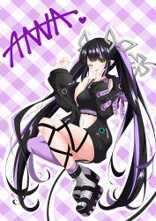 Rule 34 | 1girl, absurdres, black footwear, black hair, black jacket, black ribbon, black shirt, blouse, blunt bangs, blush, boots, breasts, character name, character signature, commentary request, crop top, cross-laced clothes, cross-laced sleeves, demon girl, demon horns, demon tail, full body, heart, highres, horns, jacket, kojo anna, kojo anna (1st costume), leg ribbon, long hair, long sleeves, looking at viewer, medium breasts, midriff, multicolored footwear, multicolored hair, nanashi inc., navel, oekaki t722, off shoulder, one eye closed, open clothes, open jacket, pink background, plaid, plaid background, pointy ears, purple footwear, purple hair, purple thighhighs, ribbon, russian text, see-through, see-through shirt, shirt, single thighhigh, sleeveless, sleeveless shirt, smile, solo, sugar lyric, tail, thighhighs, tongue, tongue out, twintails, two-tone hair, virtual youtuber, white background, white footwear, yellow eyes
