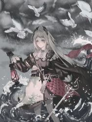Rule 34 | 1girl, animal, arknights, bird, black cape, black gloves, black jacket, cape, capelet, closed mouth, cloud, cloudy sky, commentary request, feet out of frame, gloves, grey eyes, grey hair, highres, holding, holding lantern, holding sword, holding weapon, irene (arknights), jacket, kaka869824, lantern, long hair, long sleeves, looking away, outdoors, pantyhose, puffy long sleeves, puffy sleeves, rain, skirt, sky, solo, standing, sword, very long hair, water, waves, weapon, white capelet, white pantyhose, white skirt