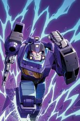 Rule 34 | 1boy, autobot, blurr (transformers), casey w. coller, clenched hand, collaboration, comic cover, commentary, english commentary, glowing, glowing eye, gun, highres, holding, holding gun, holding weapon, insignia, joana lafuente, mecha, no humans, official art, one eye covered, robot, running, scar, scar across eye, scar on face, science fiction, smile, solo, the transformers (idw), transformers, transformers shattered glass, weapon