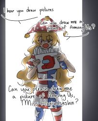 Rule 34 | 1girl, absurdres, american flag dress, american flag legwear, among us, backlighting, blonde hair, clownpiece, commentary, cowboy shot, english commentary, english text, hair between eyes, hat, highres, holding, holding paper, jester cap, long hair, looking at viewer, neck ruff, open mouth, pandelia, paper, pointing, puffy short sleeves, puffy sleeves, red (among us), red eyes, red hat, short sleeves, solo, talking, touhou, very long hair, wavy hair
