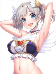 Rule 34 | 1girl, :d, akari (angel) (princess connect!), akari (princess connect!), armpits, arms behind head, arms up, bare arms, bare shoulders, blue eyes, breasts, covered erect nipples, crop top, frilled shirt, frills, gold trim, grey hair, hair ornament, halterneck, heart, lambda (kusowarota), long hair, looking at viewer, medium breasts, midriff, navel, open mouth, princess connect!, shirt, simple background, sleeveless, sleeveless shirt, smile, solo, stomach, twintails, upper body, white background, white shirt, wings
