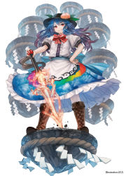 Rule 34 | &gt;:), 1girl, artist name, artist request, black hat, blouse, blue hair, blue sash, blue skirt, boots, bow, bowtie, brown footwear, center frills, cloud print, colored eyelashes, cross-laced footwear, food, frills, from below, fruit, full body, gradient hair, hair between eyes, hand on own hip, hat, head tilt, highres, hinanawi tenshi, keystone, leaf, long hair, looking at viewer, multicolored hair, peach, petticoat, planted, planted sword, planted weapon, puffy short sleeves, puffy sleeves, purple hair, red bow, red bowtie, red eyes, rope, sash, shide, shimenawa, shirt, short sleeves, simple background, skirt, smile, solo, standing, strange creators of outer world, sword, sword of hisou, touhou, v-shaped eyebrows, weapon, white background, white shirt