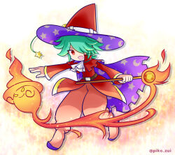 Rule 34 | 1boy, albert (puyopuyo), artist name, burning, capelet, coat, creature, fighting stance, fire, flipped hair, full body, gradient background, green hair, hair over one eye, hat, hat ornament, highres, holding, holding staff, knee up, male focus, open mouth, orange background, outstretched arm, pants, pink footwear, pink pants, purple capelet, purple hat, puyopuyo, puyopuyo quest, pyrokinesis, radial gradient background, red coat, red eyes, short hair, solo, staff, star (symbol), star hat ornament, takazaki piko, three quarter view, two-sided fabric, two-sided headwear, underlighting, unmoving pattern, v-shaped eyebrows, white background, witch hat