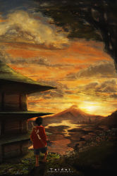 Rule 34 | 1boy, architecture, artist name, black hair, cloud, copyright name, east asian architecture, from behind, male focus, mountain, mugen (samurai champloo), red shirt, samurai champloo, scenery, shirt, shorts, standing, sunset, sword, taidai, weapon