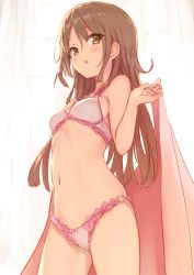 Rule 34 | 1girl, absurdres, backlighting, bare shoulders, blush, bra, breasts, brown eyes, brown hair, frilled bra, frills, heart o-ring, heart ring bottom, highres, long hair, looking at viewer, navel, nishin (nsn 0822), open clothes, open mouth, original, panties, pink bra, pink panties, small breasts, solo, stomach, thighs, underwear, underwear only