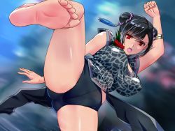 Rule 34 | 1girl, barefoot, black hair, breasts, china dress, chinese clothes, double bun, dress, feet, female focus, final fantasy, final fantasy vii, final fantasy vii remake, hair bun, high kick, kicking, large breasts, long hair, looking at viewer, open mouth, red eyes, soles, solo, square enix, switch01, tifa lockhart, toes, wall market