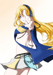Rule 34 | 1girl, absurdres, artist request, black nails, blonde hair, blue eyes, breasts, from side, headphones, highres, lily (vocaloid), long hair, looking at viewer, nail polish, no bra, pleated skirt, pointing, pointing at viewer, sideboob, skirt, solo, very long hair, vocaloid