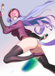 Rule 34 | 1girl, ass, breasts, faris scherwiz, final fantasy, final fantasy v, fishnet thighhighs, fishnets, foot out of frame, green eyes, helmet, holding, large breasts, leotard, long hair, looking at viewer, medium breasts, ninja, ninja (final fantasy), purple hair, scarf, simple background, solo, thighhighs, ukimukai, white background