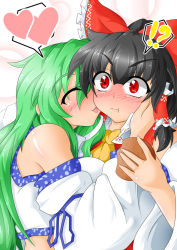 Rule 34 | !?, 2girls, ascot, bad id, bad pixiv id, bare shoulders, black hair, blush, bow, closed eyes, detached sleeves, eating, female focus, green hair, hair bow, hair tubes, hakurei reimu, hand on another&#039;s cheek, hand on another&#039;s face, heart, kochiya sanae, kokujuuji, licking, licking another&#039;s face, long hair, multiple girls, red eyes, spoken heart, surprised, touhou, yuri