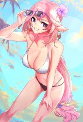 Rule 34 | 1girl, absurdres, adjusting eyewear, animal ears, bare arms, bare shoulders, bikini, breasts, commentary request, feet out of frame, flower, fox ears, genshin impact, grin, hair flower, hair ornament, hand up, highres, large breasts, leaning forward, long hair, looking at viewer, low-tied long hair, navel, pink flower, pink hair, purple eyes, smile, solo, standing, stomach, sunglasses, swimsuit, thighs, unstableboiler, very long hair, white bikini, yae miko