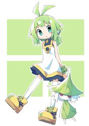 Rule 34 | 1girl, ahoge, arms behind back, asameshi, blush stickers, dress, earrings, full body, green eyes, green hair, jewelry, looking at viewer, marona (phantom brave), phantom brave, ponytail, putty (phantom brave), red eyes, shoes, short hair, sleeveless, sleeveless dress, thighhighs, white dress, white thighhighs, wristband, yellow footwear