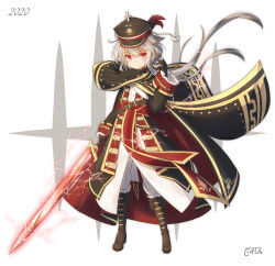 Rule 34 | 1girl, absurdres, animal ears, black cape, black coat, black footwear, black gloves, black hat, cape, closed mouth, coat, coreytaiyo, cross, dated, electricity, floating hair, full body, gloves, hand up, hat, highres, holding, holding sword, holding weapon, iron cross, kneebar, long hair, long sleeves, looking at viewer, military hat, original, pants, peaked cap, red eyes, signature, silver hair, sleeves past wrists, solo, standing, sword, v-shaped eyebrows, very long hair, weapon, white background, white pants