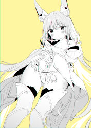 Rule 34 | 1girl, :&lt;, animal ears, arms behind back, bare shoulders, bell, blush, breasts, cameltoe, closed mouth, detached sleeves, facial mark, from below, gluteal fold, groin, hair between eyes, jingle bell, leotard, long hair, long sleeves, looking at viewer, looking down, monochrome, nia (blade) (xenoblade), nia (xenoblade), simple background, small breasts, solo, thighhighs, very long hair, xenoblade chronicles (series), xenoblade chronicles 2, yellow background, yuizaki kazuya