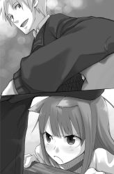 Rule 34 | 1boy, 1girl, :d, animal ears, arm on own head, ayakura juu, blush, craft lawrence, fang, fang out, greyscale, holo, long hair, monochrome, novel illustration, official art, open mouth, outdoors, smile, spice and wolf, wolf ears