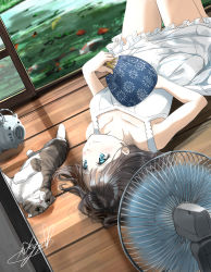 Rule 34 | 1girl, arm up, bare arms, black hair, blue eyes, blurry, blurry background, breasts, cat, collarbone, commentary request, dress, dutch angle, electric fan, feet out of frame, fish, goldfish, hand fan, hand on own stomach, highres, holding, holding fan, kayari buta, knees up, koi, looking to the side, lying, on back, on floor, open door, original, paper fan, pond, short hair, signature, sleeveless, sleeveless dress, sliding doors, small breasts, smile, solo, soragane (banisinngurei), summer, sundress, uchiwa, white dress, wooden floor