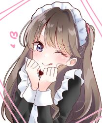 Rule 34 | 1girl, ;q, alternate costume, apron, black dress, blush, brown hair, clenched hands, commentary, drawn heart, dress, enmaided, frilled apron, frills, fujishima megumi, heart, highres, link! like! love live!, long hair, long sleeves, looking at viewer, love live!, maid, maid apron, maid day, one eye closed, purple eyes, raised eyebrow, ririn (ririn 501), solo, tongue, tongue out, twitter username, two side up, upper body, virtual youtuber, white apron, white background