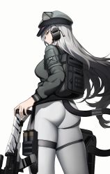 Rule 34 | 1girl, absurdres, arknights, ass, backpack, bad id, bad pixiv id, bag, breasts, cat tail, cero (last2stage), closed mouth, cowboy shot, from behind, grey hat, grey jacket, gun, hat, headset, highres, jacket, long sleeves, looking at viewer, looking back, medium breasts, official alternate costume, pants, schwarz (arknights), schwarz (skyline) (arknights), silver hair, simple background, solo, tail, thighs, weapon, white background, white pants, yellow eyes