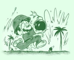 Rule 34 | 1boy, army uniform, bob-omb, clenched teeth, explosion, facial hair, flying sweatdrops, full body, game &amp; watch, hat, highres, mario, mario&#039;s bombs away, mario (series), military, military uniform, mustache, nervous, nintendo, outdoors, palm tree, running, soldier, super mario bros. 2, teeth, tree, uniform