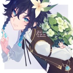 Rule 34 | 1boy, androgynous, arm behind back, ascot, black hair, blue hair, bouquet, bow, braid, brooch, commentary request, doll, flower, frilled sleeves, frills, gem, genshin impact, gradient hair, green eyes, grey background, hair flower, hair ornament, jewelry, leaf, long sleeves, looking at viewer, multicolored hair, open mouth, shirt, short hair with long locks, sidelocks, simple background, smile, solo, suke 81, twin braids, venti (genshin impact), white background, white flower, white shirt, xiao (genshin impact)