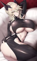Rule 34 | 1girl, absurdres, arm up, artoria pendragon (fate), artoria pendragon (lancer alter) (fate), ass, blonde hair, braid, breasts, cleavage, clothing cutout, commission, fate/grand order, fate (series), french braid, hair between eyes, highres, horns, huge breasts, indoors, looking at viewer, lying, navel, on bed, pale skin, shiroshisu, skeb commission, solo, tight clothes, underboob