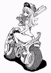 Rule 34 | 1girl, aki001208, ass, bikini, breasts, butt crack, female focus, from behind, gun, hat, highres, holding, holding gun, holding weapon, lizard, long hair, looking back, monochrome, motor vehicle, motorcycle, original, power symbol, shoes, sitting, small breasts, solo, swimsuit, weapon