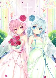 Rule 34 | 2girls, blue eyes, blush, bouquet, breasts, bridal veil, dress, elbow gloves, flower, glint, gloves, green dress, green hair, hair flower, hair ornament, holding hands, hand grab, incest, jewelry, komeiji koishi, komeiji satori, minamura haruki, multiple girls, necklace, pearl necklace, petals, pink dress, pink eyes, pink hair, siblings, sisters, small breasts, smile, stained glass, touhou, veil, wedding dress, wife and wife, yuri