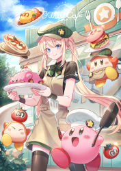 Rule 34 | 1girl, absurdres, apron, black thighhighs, blonde hair, blue eyes, bow, bowtie, burger, car, closed mouth, cowboy shot, english text, food, green bow, green bowtie, green headwear, highres, holding, holding plate, kirby, kirby (series), kirby cafe, long hair, looking at viewer, motor vehicle, nintendo, original, outdoors, pizza, plate, short sleeves, smile, standing, star (symbol), striped, striped bow, suzaku (zaku6584), thighhighs, twintails, waddle dee
