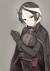 Rule 34 | 1girl, black eyes, black gloves, black hair, black jacket, breasts, closed mouth, commentary request, curled horns, gloves, grey background, hair between eyes, hand up, head tilt, highres, hiranko, horns, jacket, long sleeves, made in abyss, medium breasts, multicolored hair, ozen, short hair, simple background, sketch, solo, streaked hair, white hair
