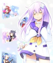Rule 34 | 5pb (neptune series), 6+girls, black hair, blue hair, brown hair, choujigen game neptune mk2, closed eyes, collar, commentary request, d-pad, d-pad hair ornament, doria (p f dolia), dress, flask, guitar, gust (neptunia), hair between eyes, hair ornament, hat, headphones, heart, heart necklace, holding, holding flask, holding instrument, instrument, jewelry, long hair, long sleeves, multiple girls, neckerchief, necklace, nepgear, neptune (series), nippon ichi (neptunia), purple hair, ram (neptunia), rom (neptunia), sailor dress, smile, thigh strap, uni (neptunia), yellow neckerchief