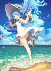 Rule 34 | 1girl, beach, blue eyes, blue hair, day, dress, hat, jewelry, long hair, lots of jewelry, mandrill, matching hair/eyes, open mouth, original, sandals, solo, white dress